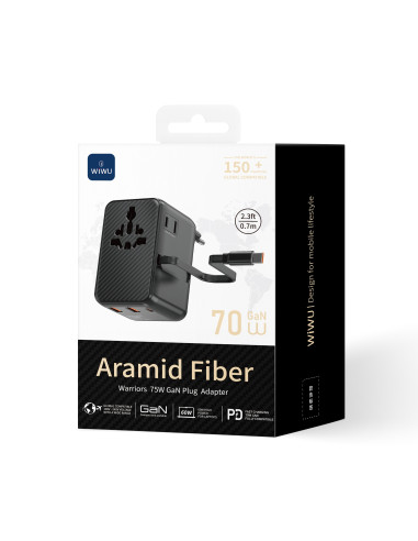 Adaptador de Viaje Global GaN 70W con Cable