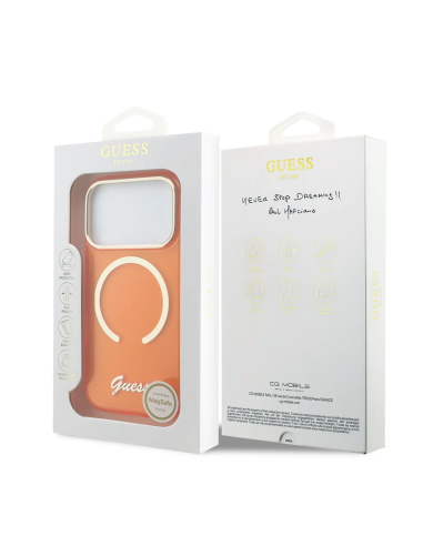 GUESS – Funda Naranja iPhone 17 PRO MAX HC MagSafe Impresión IML Inscripción de Metal