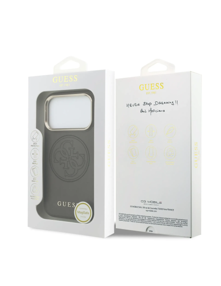 Funda GUESS para iPhone 17 Pro Max con MagSafe, efecto piel y logotipo dorado perforado (Marrón)