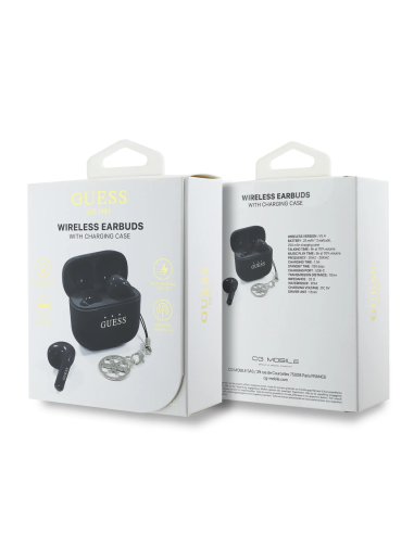 GUESS TWS Earbuds with Glossy Finish, Classic Logo and Charm (Black)
