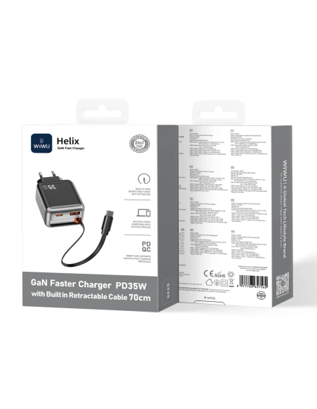 Cargador rápido PD GaN de 35 W con USB-A, USB-C y cable retráctil USB-C de 70 cm Helix