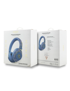 GUESS – Cascos Bluetooth Premium con ENC de Polipiel Azul y Logo Dorado 4G