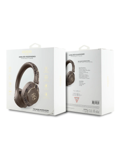 GUESS – Cascos Bluetooth Premium con ENC de Polipiel Marrón y Logo Dorado 4G