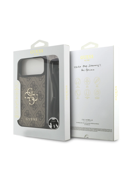 Funda GUESS para iPhone 17 Pro Max/18 Pro Max con cordón, efecto piel y logotipo 4G (Marrón)