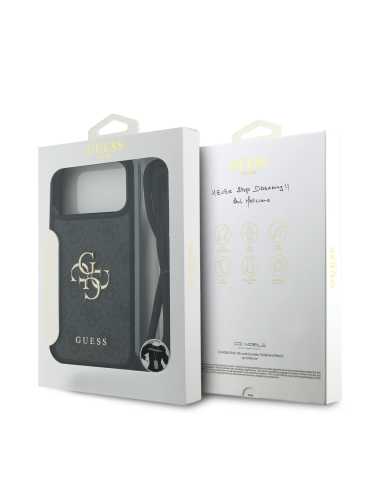 Funda GUESS para iPhone 17 Pro Max/18 Pro Max con cordón, efecto piel y logotipo 4G (Negro)