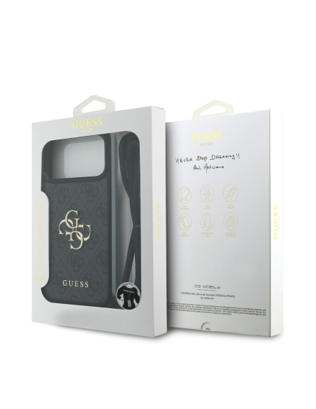 GUESS Case for iPhone 17 Pro Max with Lanyard, Leather Effect and 4G Logo (Black)