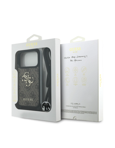 Funda GUESS para iPhone 17 Pro/18 Pro con cordón, efecto piel y logotipo 4G (Marrón)