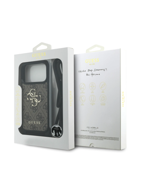 Funda GUESS para iPhone 17 Pro/18 Pro con cordón, efecto piel y logotipo 4G (Marrón)