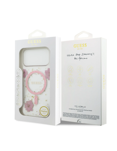 GUESS – Premium iPhone 17 Pro Max Case with MagSafe and Pink Floral Design with Gold Accents
