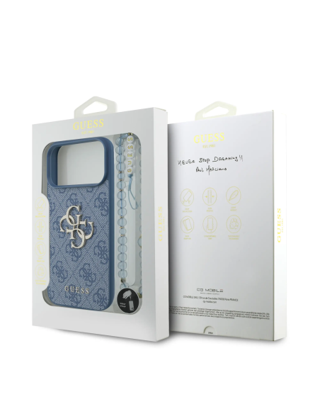 Funda GUESS para iPhone 17 Pro Max/18 Pro Max con correa de perlas, efecto piel y logotipo 4G (Azul)