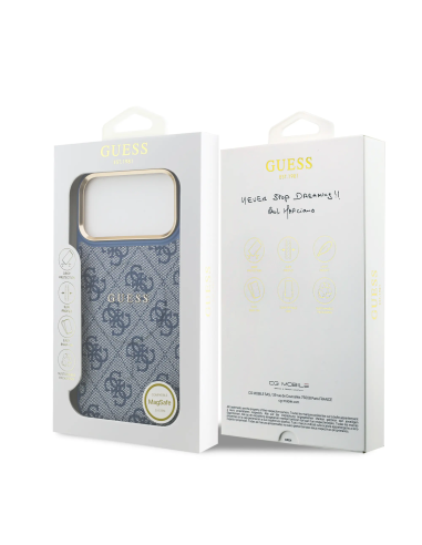 Funda GUESS para iPhone 17 Pro Max/18 Pro Max con MagSafe, efecto piel y logotipo clásico (Azul)