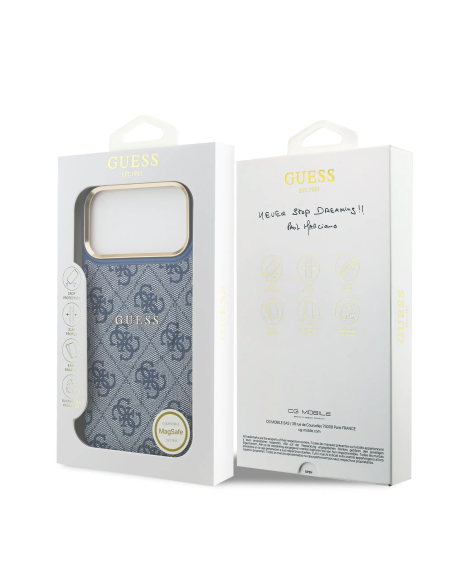 Funda GUESS para iPhone 17 Pro Max/18 Pro Max con MagSafe, efecto piel y logotipo clásico (Azul)