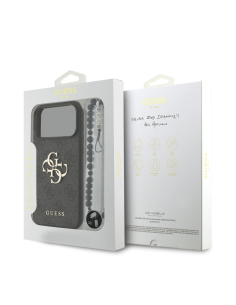 GUESS – Funda Premium para iPhone 17 Pro Max en Polipiel Negro con Logo 4G Clásico y Correa de Perlas