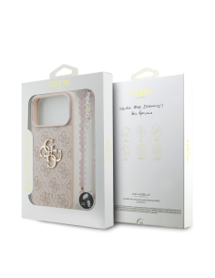 GUESS – Funda Premium para iPhone 17 Pro Max en Polipiel Rosa con Logo 4G Clásico y Correa de Perlas