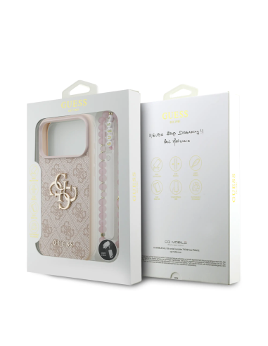 GUESS Case for iPhone 17 Pro Max with Pearl Strap, PU Finish and 4G Logo (Pink)