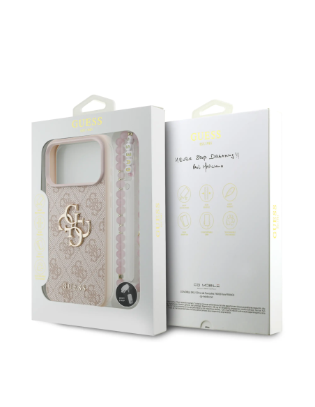 Funda GUESS para iPhone 17 Pro Max/18 Pro Max con correa de perlas, efecto piel y logotipo 4G (Rosa)