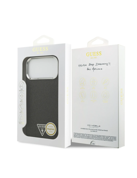 GUESS – Funda Rígida Premium para iPhone 17 Pro Max con MagSafe en Polipiel con Purpurina Negra