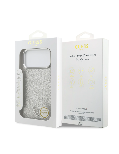 GUESS – Premium Hard Case for iPhone 17 Pro Max with MagSafe in Faux Leather with Silver Glitter