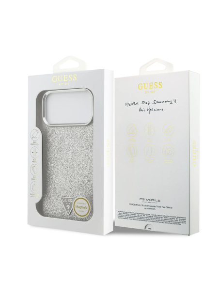 Funda GUESS para iPhone 17 Pro Max/18 Pro Max PU glitter con Magsafe (Plata)