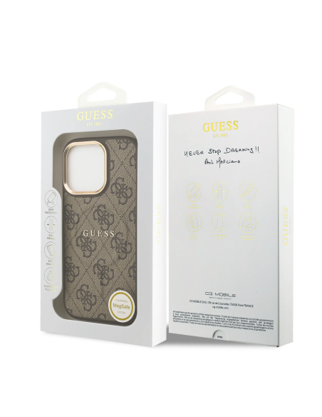 GUESS – Funda Rígida para iPhone 16 Pro con MagSafe en Polipiel Marrón y Logo 4G Clásico