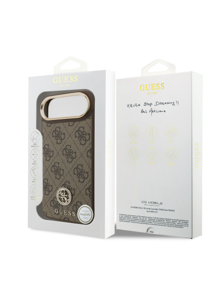 GUESS – Brown Faux Leather Hard Case for iPhone 17 Air with MagSafe and 4G Rhinestone Logo