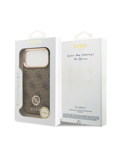GUESS – Hard Case for iPhone 17 Pro with MagSafe in Brown Faux Leather and 4G Logo with Rhinestones