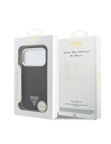 GUESS – Funda Rígida iPhone 17 Pro con MagSafe en Polipiel Negra con Purpurina