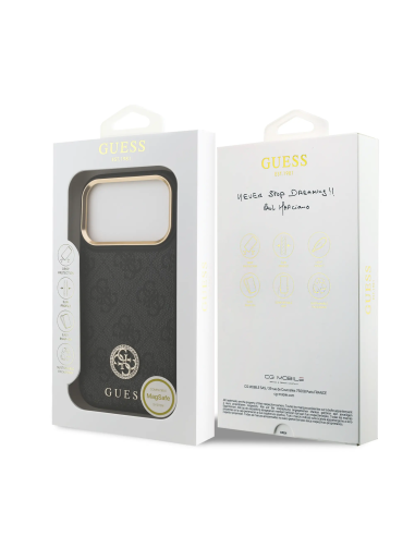 GUESS – iPhone 17 Pro Hard Case with MagSafe in Black Faux Leather and 4G Logo with Rhinestones