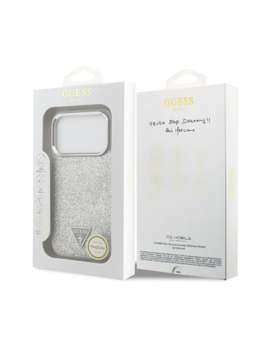 Funda GUESS para iPhone 17 Pro/18 Pro PU glitter con Magsafe (Plata)