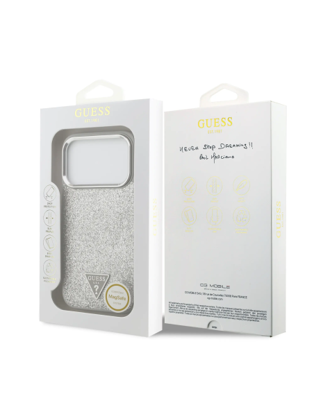 GUESS – iPhone 17 Pro Hard Case with MagSafe in Silver Glitter Faux Leather