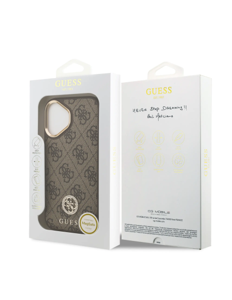 GUESS – iPhone 17 Hard Case with MagSafe in Brown Faux Leather and 4G Logo with Rhinestones