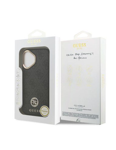 GUESS – iPhone 17 Hard Case with MagSafe in Black Faux Leather and 4G Logo with Rhinestones