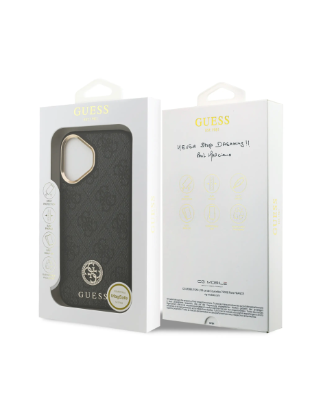 GUESS – iPhone 17 Hard Case with MagSafe in Black Faux Leather and 4G Logo with Rhinestones
