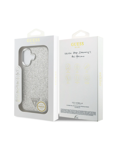 GUESS – iPhone 17 Hard Case with MagSafe in Faux Leather with Silver Glitter