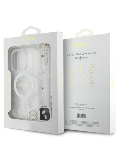 GUESS – Funda Transparente iPhone 16 Pro Max con MagSafe Acabado Brillante y Correa de Perlas