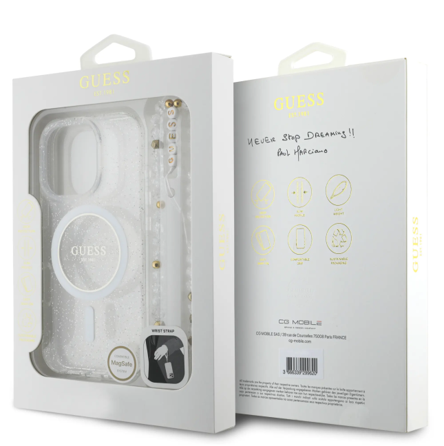 GUESS – Funda Transparente iPhone 16 Pro Max con MagSafe Acabado Brillante y Correa de Perlas