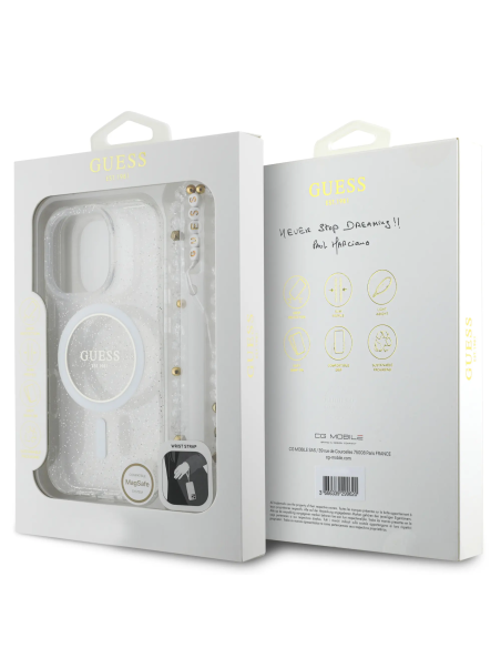 GUESS – Funda Transparente iPhone 16 Pro Max con MagSafe Acabado Brillante y Correa de Perlas