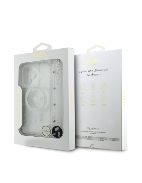 Funda GUESS iPhone 17 Transparente Magsafe con Brillo y Correa de Perlas