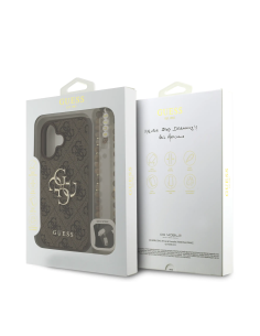 GUESS – Funda iPhone 16 Plus Polipiel Marrón con Logo 4G Clásico y Correa de Perlas