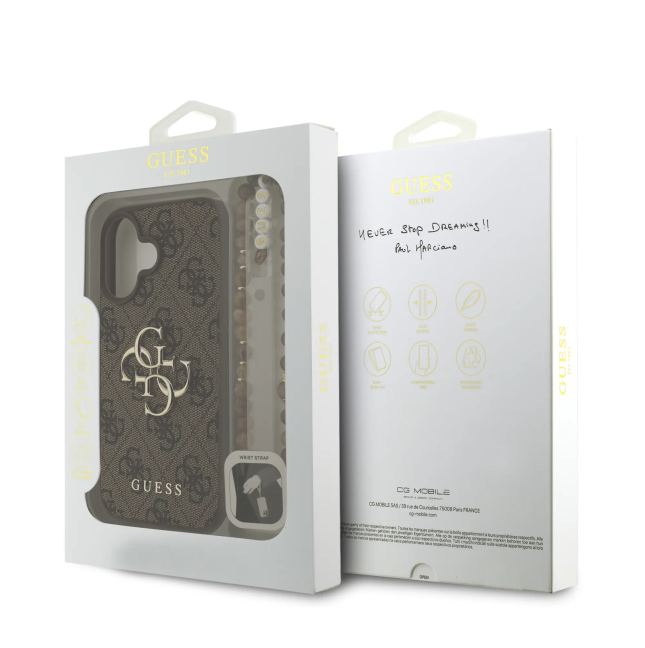 GUESS Case for iPhone 16 Plus with Pearl Strap, PU Finish and 4G Logo (Brown)