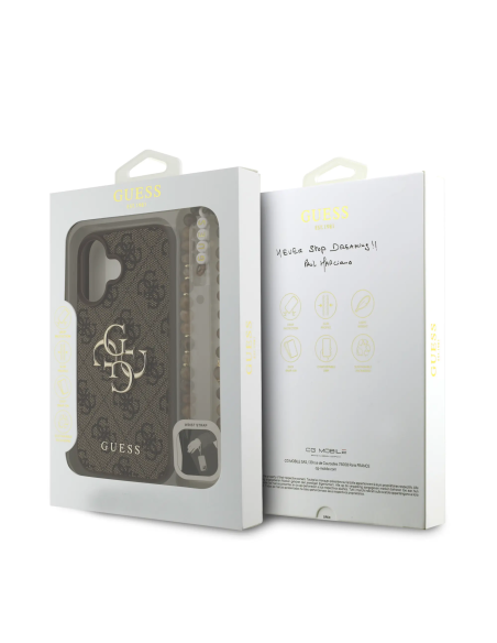 Funda GUESS para iPhone 16 Plus con correa de perlas, efecto piel y logotipo 4G (Marrón)