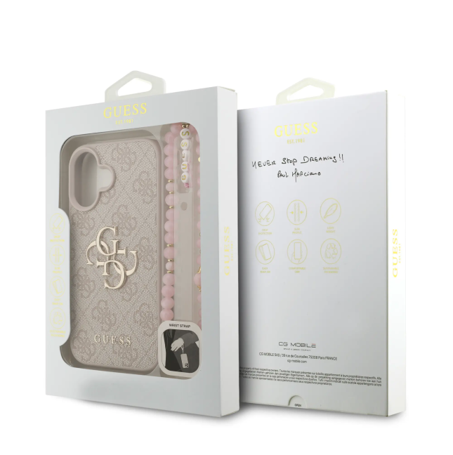 GUESS Case for iPhone 16 with Pearl Strap, PU Finish and 4G Logo (Pink)