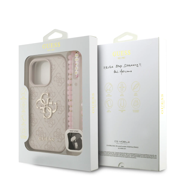 GUESS Case for iPhone 16 Pro Max with Pearl Strap, PU Finish and 4G Logo (Pink)