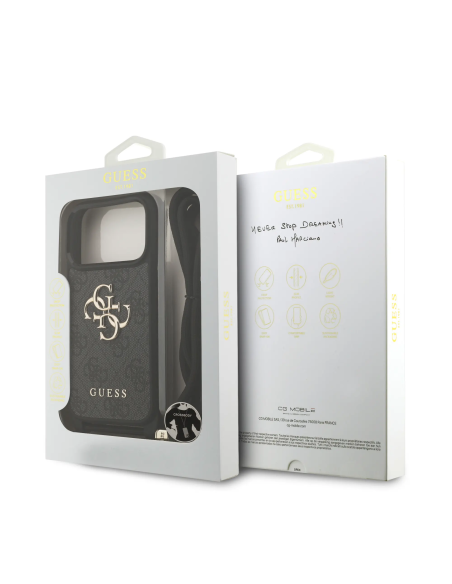 GUESS Case for iPhone 17 Pro with Lanyard, Leather Effect and 4G Logo (Black)