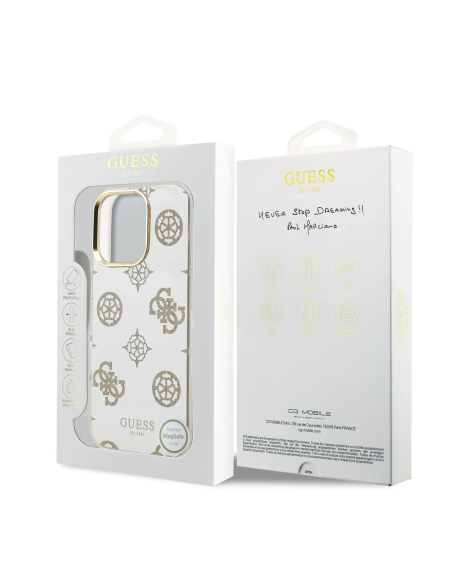 GUESS – Funda iPhone 16 Pro Max con MagSafe Acabado Espejo y Diseño de Peonías Doradas