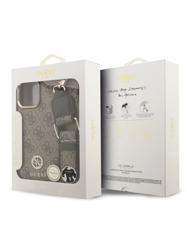 GUESS – Funda iPhone 16 Pro Max con MagSafe, Logo 4G de Strass y Correa Ancha en Color Marrón