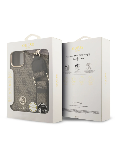 Funda GUESS iPhone 16 Pro Max con Magsafe Logo 4G de Strass y Correa Ancha Marrón
