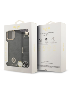 GUESS – Funda iPhone 16 Pro Max con MagSafe, Logo 4G de Strass y Correa Ancha en Color Negro