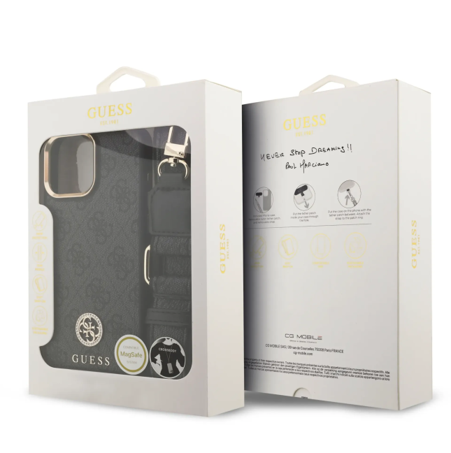 Funda GUESS iPhone 16 Pro Max con Magsafe Logo 4G de Strass y Correa Ancha Negra