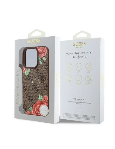 Funda GUESS iPhone 16 Polipiel con MagSafe Logo 4G Rosas Marrón